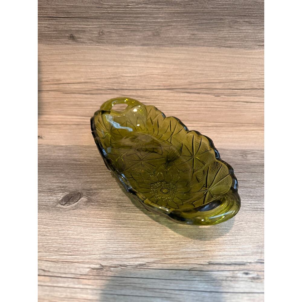 VTG Green Indiana Glass Bowl Dish Oval w/ handles Avocado Relish MCM Boho Decor - Picture 4 of 6